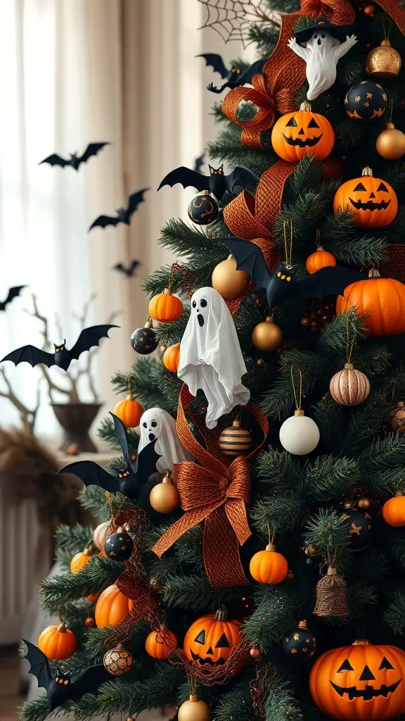 29+ Creative Halloween Christmas Tree Ideas to Spook Up Your Holiday Decor 10 A Halloween-themed Christmas tree decorated with pumpkins, ghosts, and bats.
