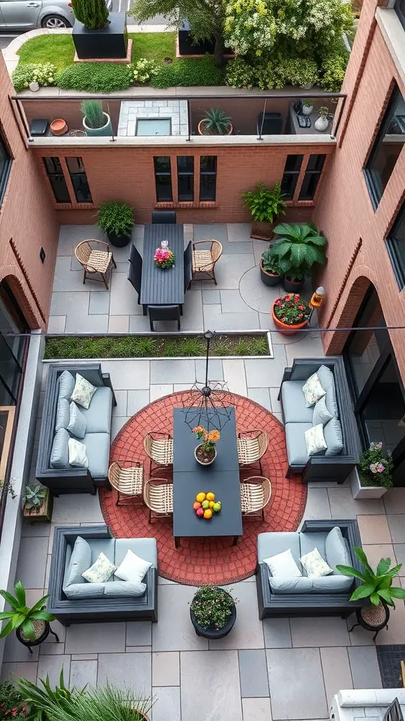 17 Stylish Patio Furniture Layout Ideas for Your Outdoor Space 18 A stylish patio layout featuring a dining table, comfortable seating, and decorative plants.