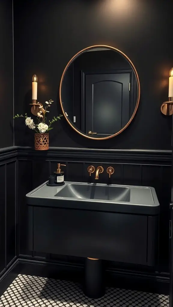 27+ Dark and Moody Powder Room Decor Ideas for a Chic Makeover 8 A modern black sink with gold fixtures in a dark moody powder room.