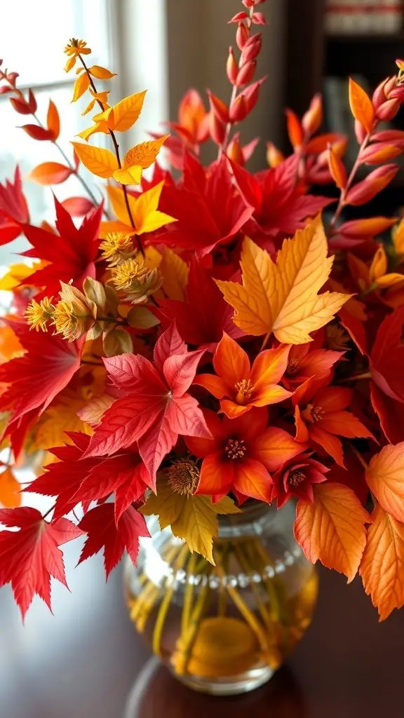 37+ Creative Indoor Fall Decorations You’ll Love 18 A vibrant arrangement of colorful fall leaves in a clear vase.