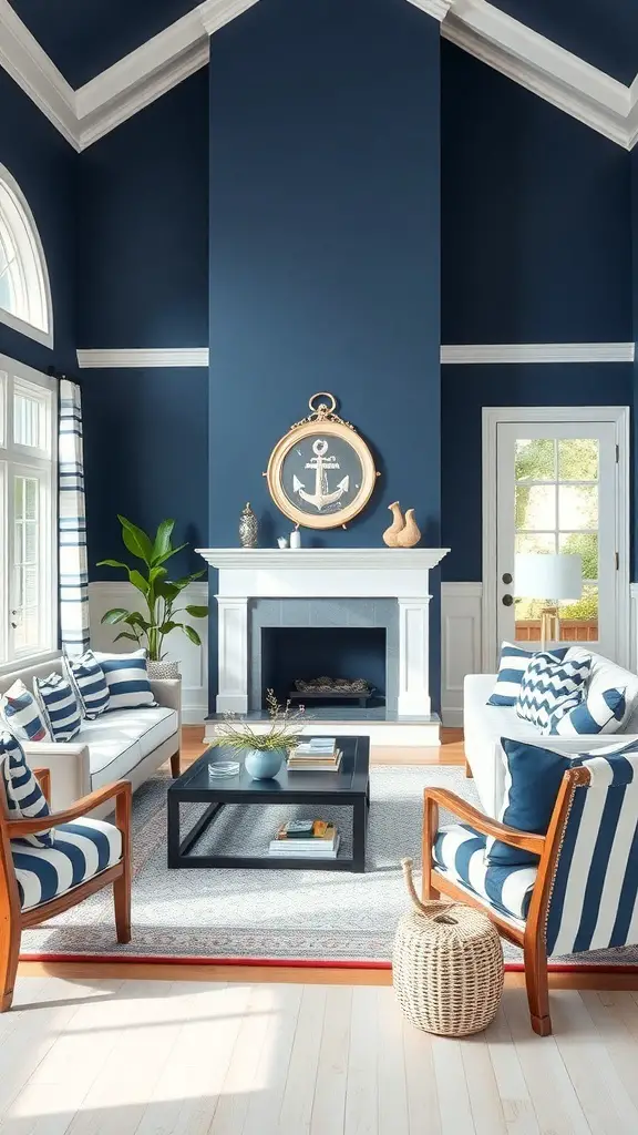 29+ Stunning Navy Blue Living Room Ideas to Transform Your Space 7 A navy blue living room featuring white accents, striped furniture, and nautical decor.