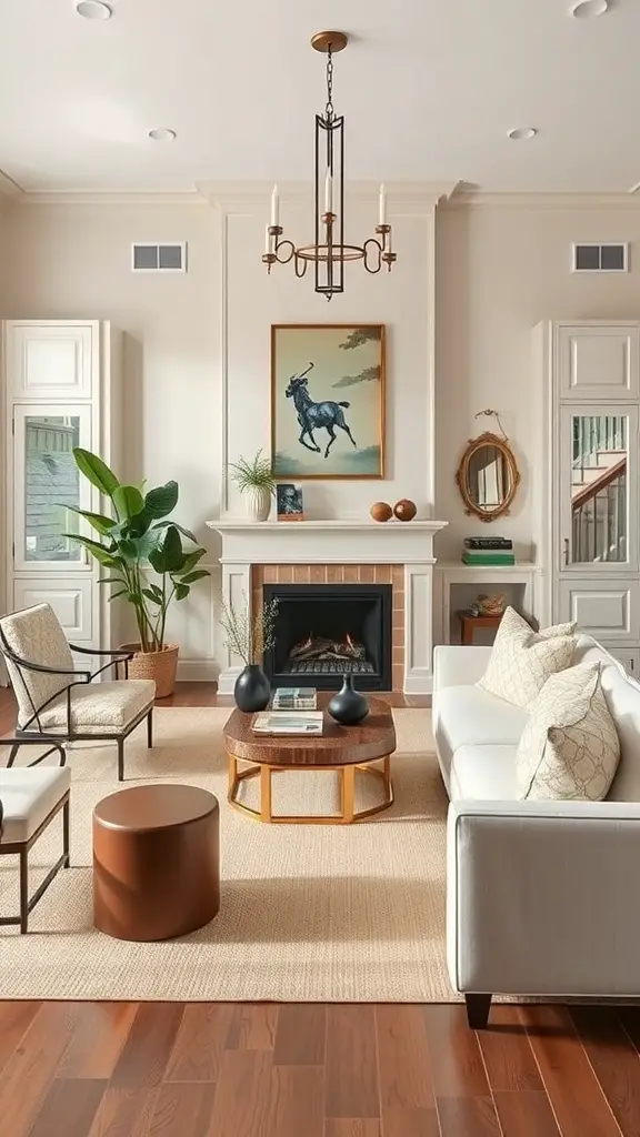A stylish living room featuring a fireplace, modern furniture, and traditional decor elements.