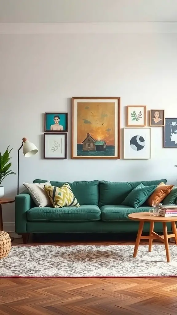 27+ Stunning Green Couch Living Room Ideas You’ll Love 15 A stylish living room featuring a green couch, artwork on the wall, and a round coffee table.