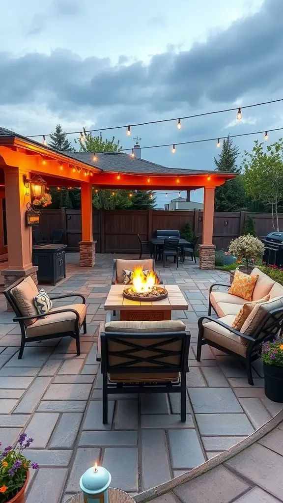 Cozy outdoor entertaining area with seating around a fire pit, string lights overhead, and a welcoming atmosphere.