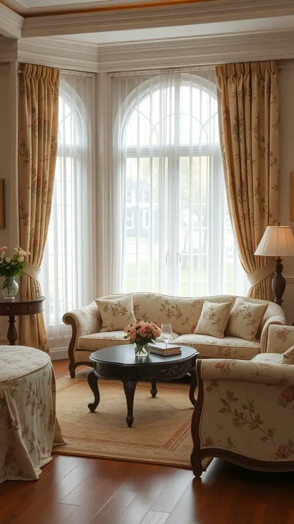 Cozy French country living room with floral upholstery and large windows