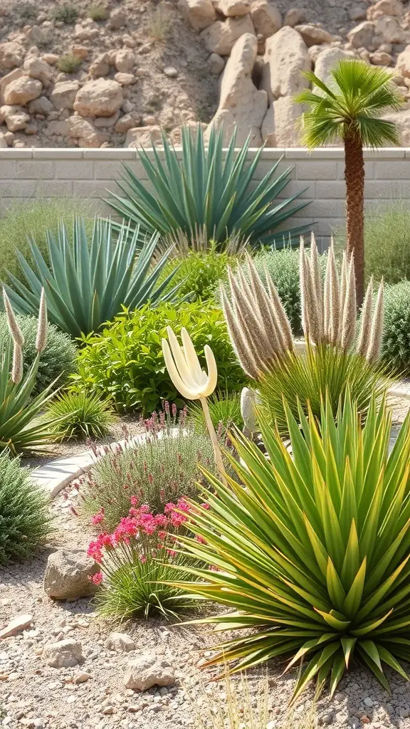 Desert landscape in Palm Springs with native plants and mountains in the background