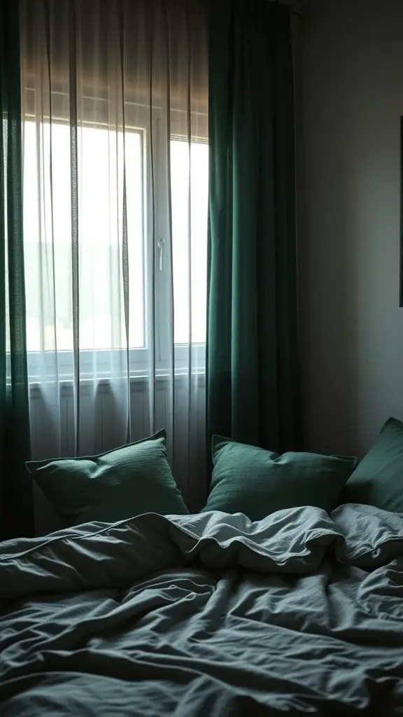 35+ Stunning Dark Green Bedroom Ideas for a Cozy Retreat 8 A cozy bedroom with dark green curtains and pillows, creating a warm atmosphere.
