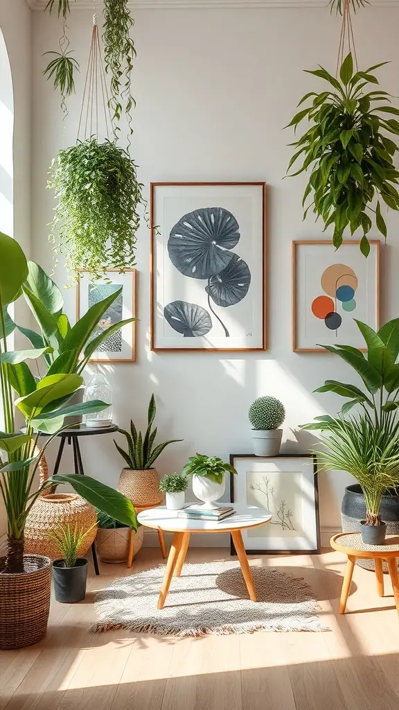 A bright indoor space featuring various indoor plants and framed art on the walls.