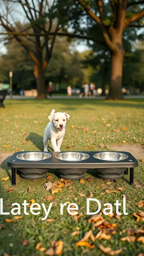 A portable dog feeding station with three bowls, set up in a park with a happy dog nearby.