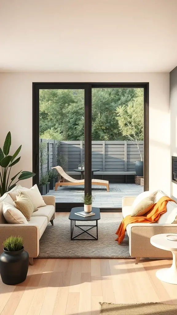 25+ Stunning Items to Achieve a Stockholm-Style Room Makeover 15 Stylish room with large glass doors leading to a patio, featuring cozy seating and plants.