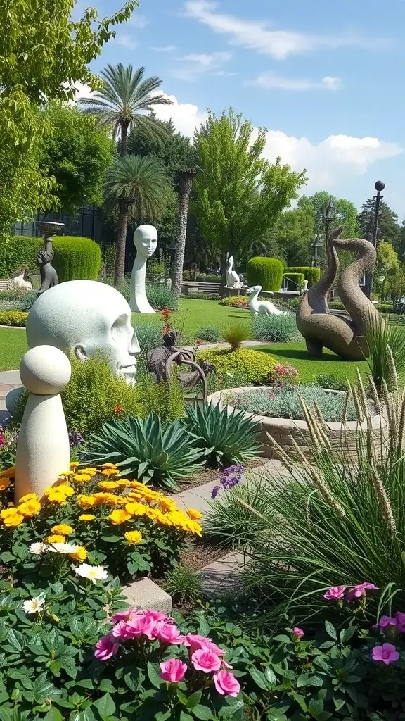 A landscaped garden featuring various sculptures and colorful flowers.