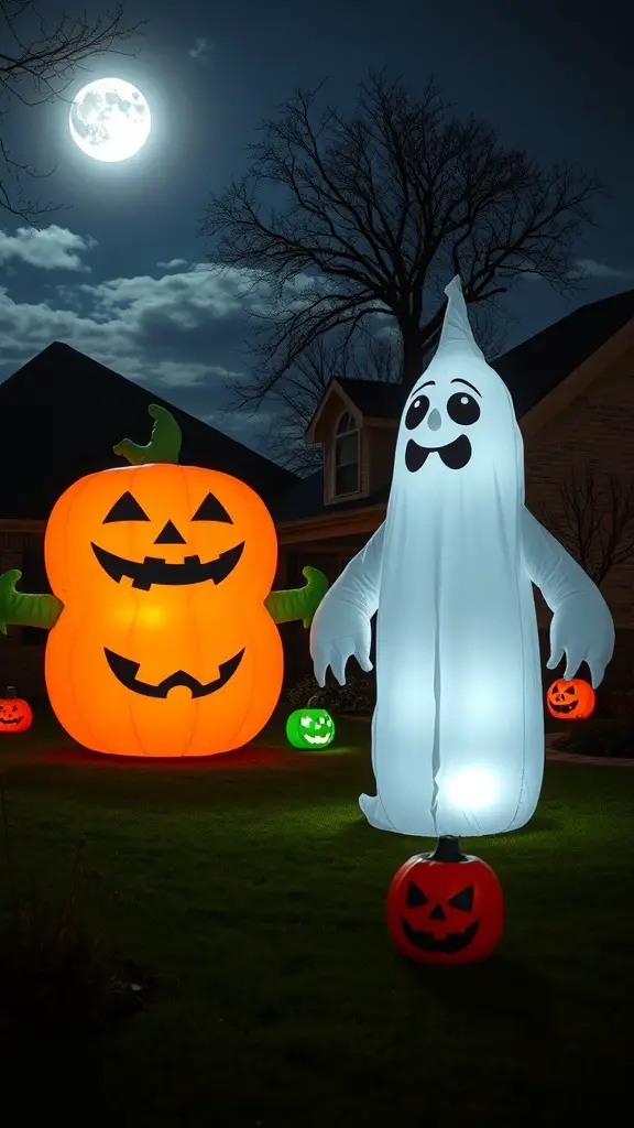 31+ Spooky Halloween House Decorations You Need This Season 11 Giant inflatable ghost and pumpkin decorations in a yard at night
