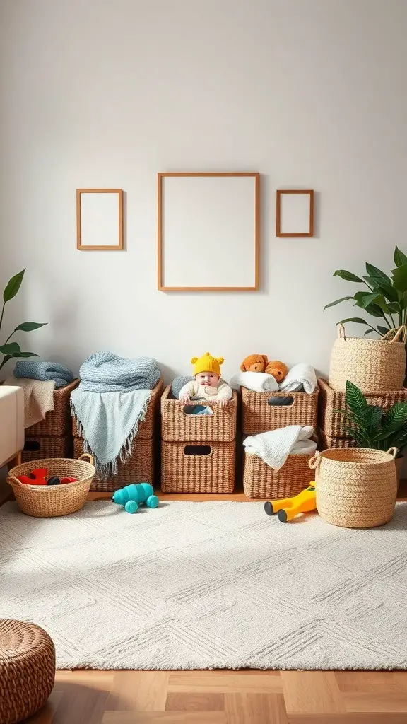 29+ Small Room Organization Ideas You Need to Try 11 A cozy room with various woven baskets for storage, featuring a child peeking out from one of the baskets.