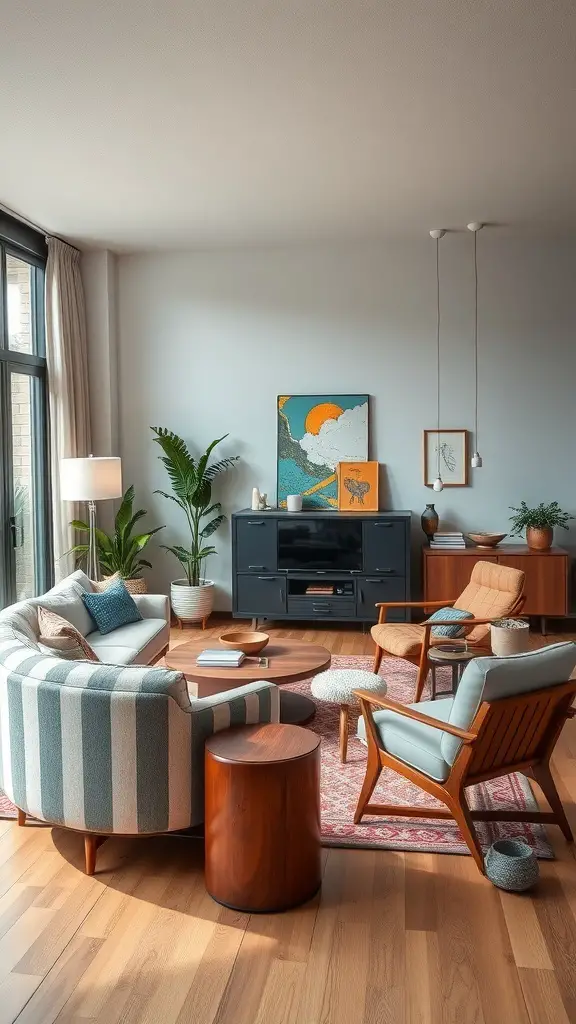 A vintage modern living room featuring eclectic furniture combinations.