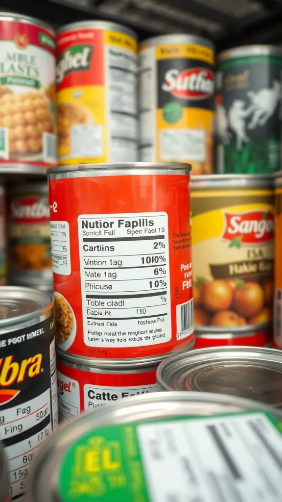 A close-up of various canned food products with visible labels and expiration dates.