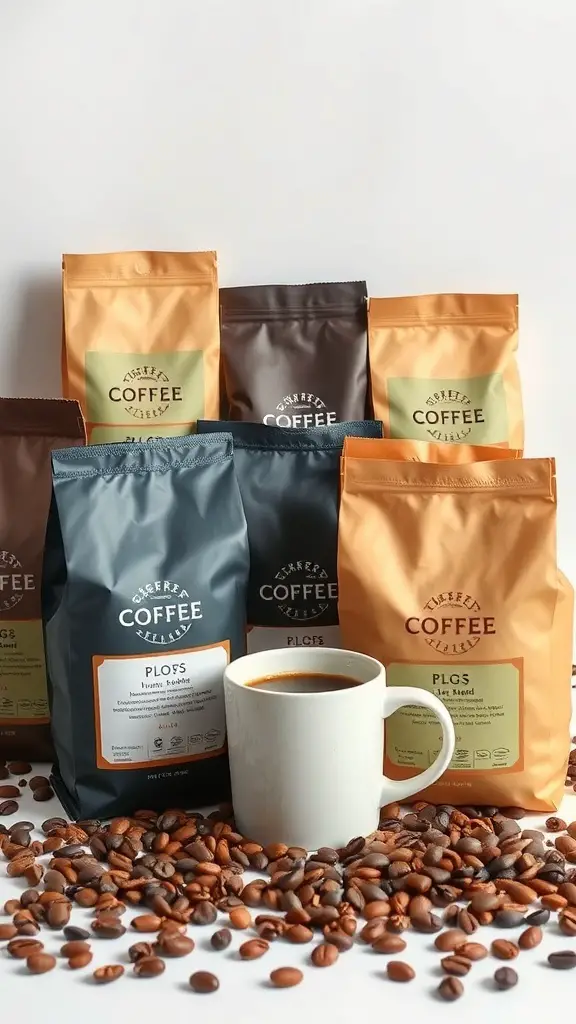 Gourmet coffee bags and a cup of coffee surrounded by coffee beans