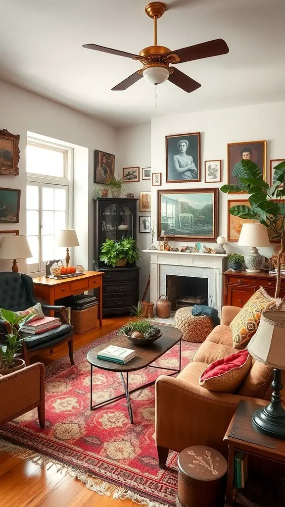 A cozy living room featuring a mix of vintage and modern decor, with framed artwork on the walls, a gray sofa, a vintage armchair, and potted plants.