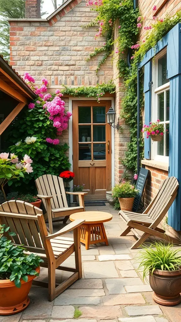 A cozy cottage patio garden featuring rustic wooden furniture surrounded by vibrant flowers and greenery.