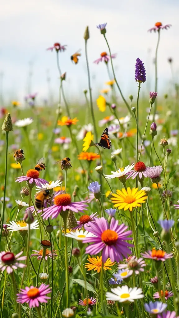 A vibrant wildflower meadow filled with various colorful flowers and butterflies.