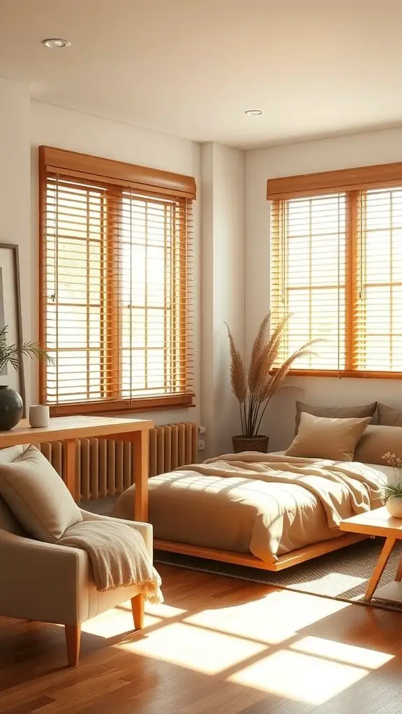 A cozy brown bedroom with natural light streaming through wooden blinds, featuring a bed, chair, and plants.