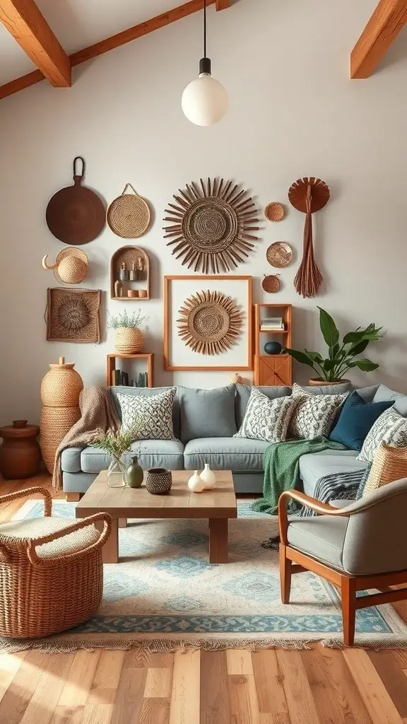 A cozy living room featuring artisan handmade decor, with woven wall art, a comfortable sofa, and natural materials.
