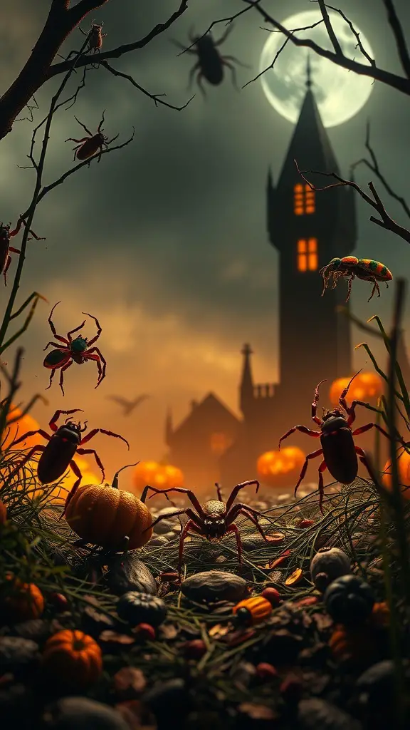 A spooky Halloween scene with insects, pumpkins, and a haunted house under a full moon.
