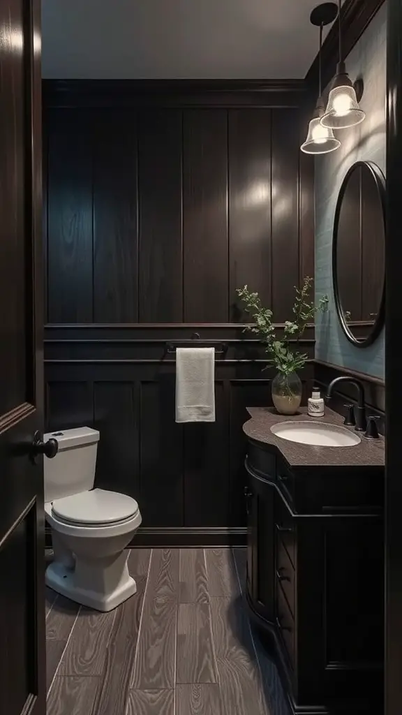 27+ Dark and Moody Powder Room Decor Ideas for a Chic Makeover 9 A dark moody powder room featuring dark wood paneling, cabinetry, and soft lighting.