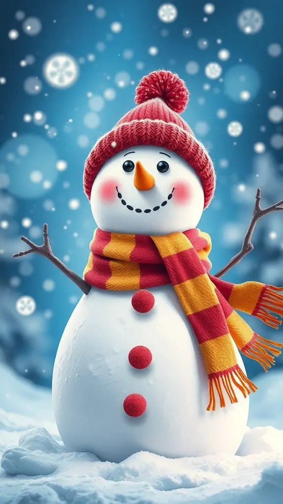 27+ Festive Christmas Painting Ideas to Inspire Your Holiday Spirit 10 A cheerful snowman wearing a red hat and striped scarf, surrounded by falling snowflakes.