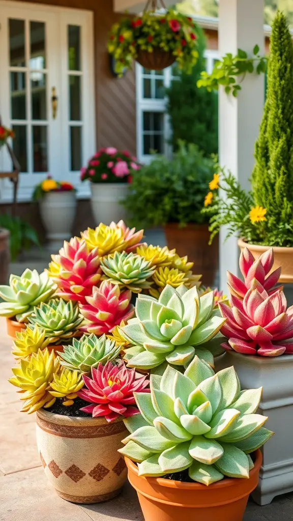 Colorful faux succulents in pots on a patio