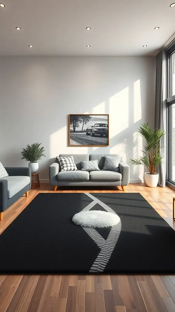 23+ Creative Car Room Decor Ideas for Enthusiasts 11 A modern living room featuring a black automobile-themed rug with tire track design.