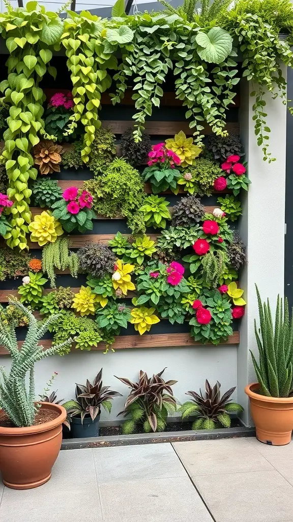 A vibrant vertical garden wall filled with various plants and flowers, showcasing a mix of colors and textures.