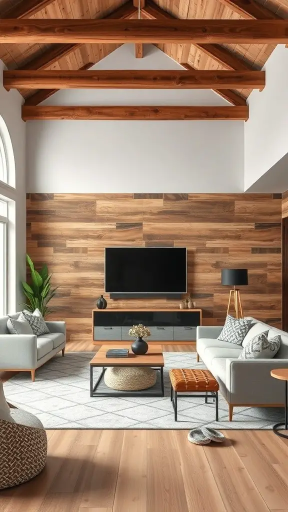 29+ Modern Cottage Living Room Ideas You’ll Love 7 A modern cottage living room featuring wooden beams, gray sofas, and a stylish coffee table.
