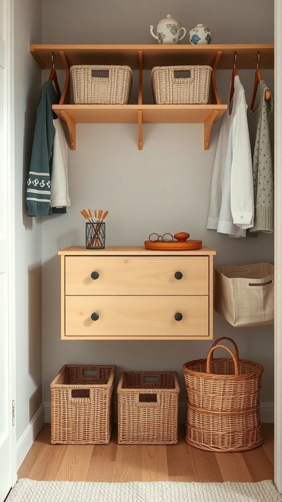 25+ Stylish Closet Ideas Featuring Dressers Inside 16 A cozy closet featuring a dresser and woven baskets for organized storage.