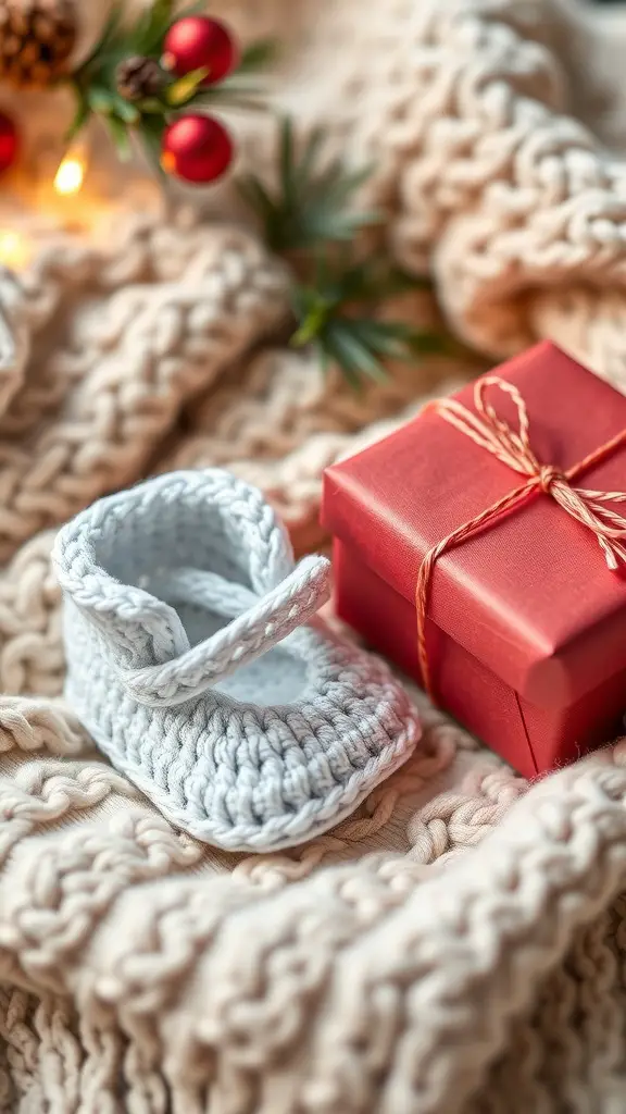 A pair of light blue crochet baby booties next to a red gift box on a knitted background.