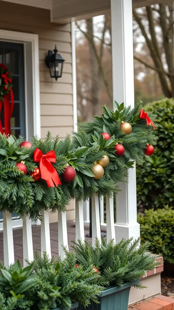 23+ Festive Front Porch Christmas Decor Ideas You’ll Love 18 Garland with red and gold ornaments draped across white railings on a front porch