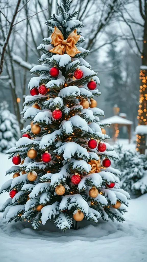 A snowy outdoor Christmas tree decorated with red and gold ornaments.