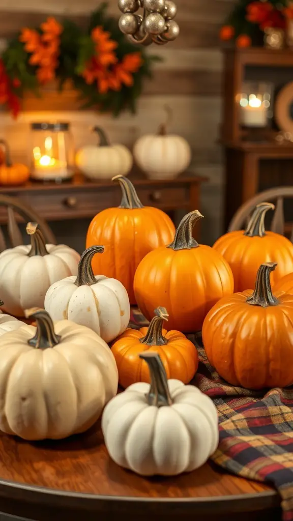 A collection of orange and white pumpkins arranged on a table with a plaid tablecloth.