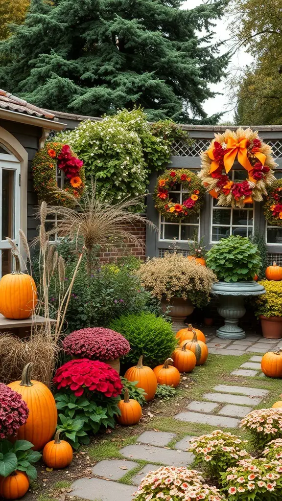 27+ Stunning English Garden Landscaping Ideas You’ll Love 11 An English garden decorated for autumn with pumpkins, colorful flowers, and a wreath.