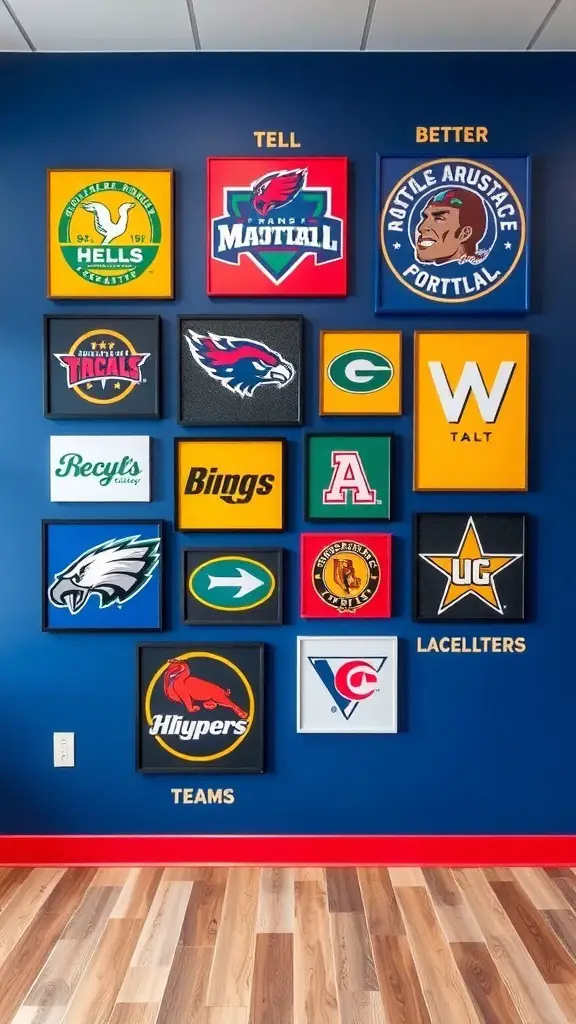 19+ Inspiring Sports Room Decor Ideas to Elevate Your Space 6 Colorful wall art featuring various sports team logos and colors