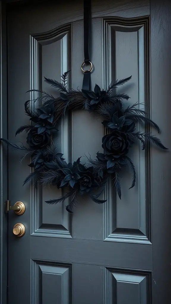 A black wreath with dark roses and feathers hanging on a door.