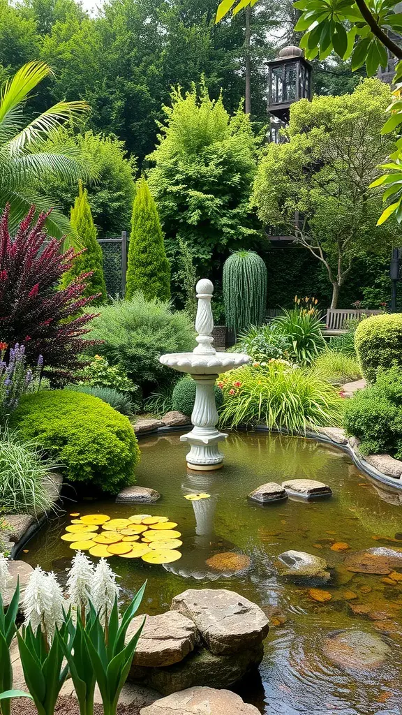 27+ Stunning English Garden Landscaping Ideas You’ll Love 3 A serene garden featuring a fountain surrounded by greenery and flowers.