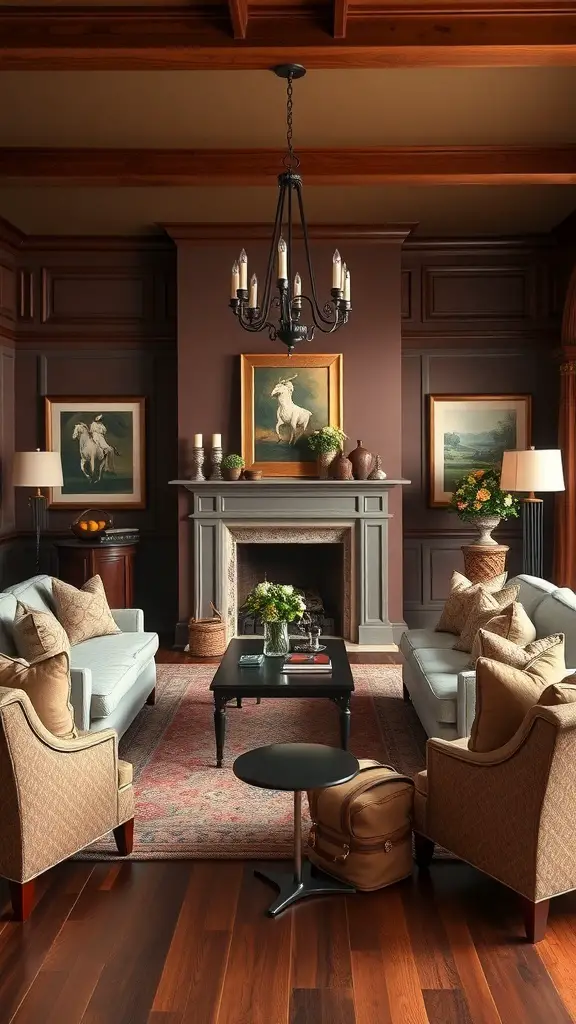 25+ Stunning Ralph Lauren Living Room Ideas for a Classic Makeover 14 A classic American living room featuring elegant furniture, rich wood tones, and equestrian-themed artwork.