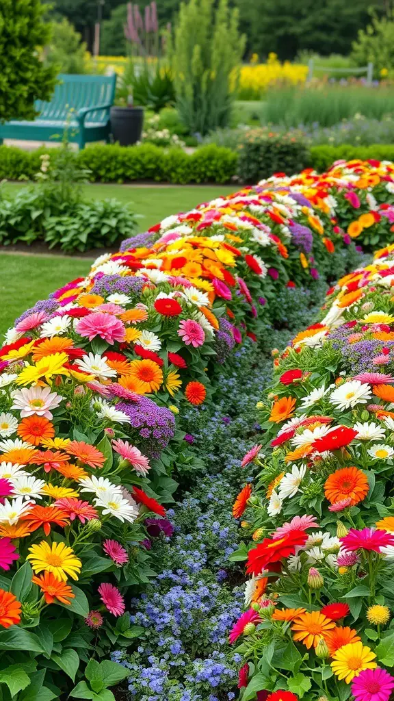 A colorful flower border featuring a variety of blooms in a garden setting.
