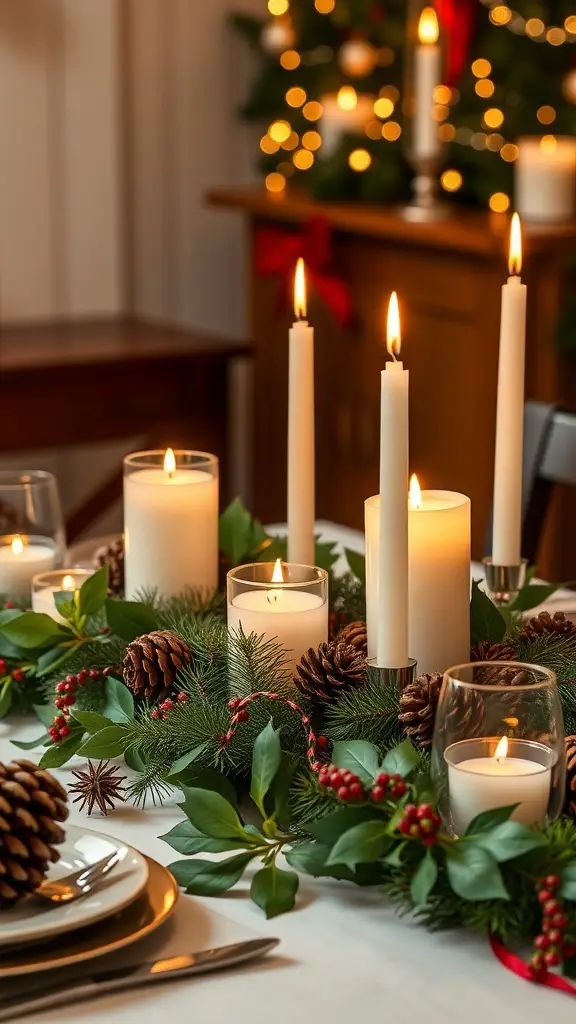 37+ Stunning Christmas Table Decorations You'll Love 9 A beautifully decorated Christmas table centerpiece featuring candles, pinecones, and greenery.