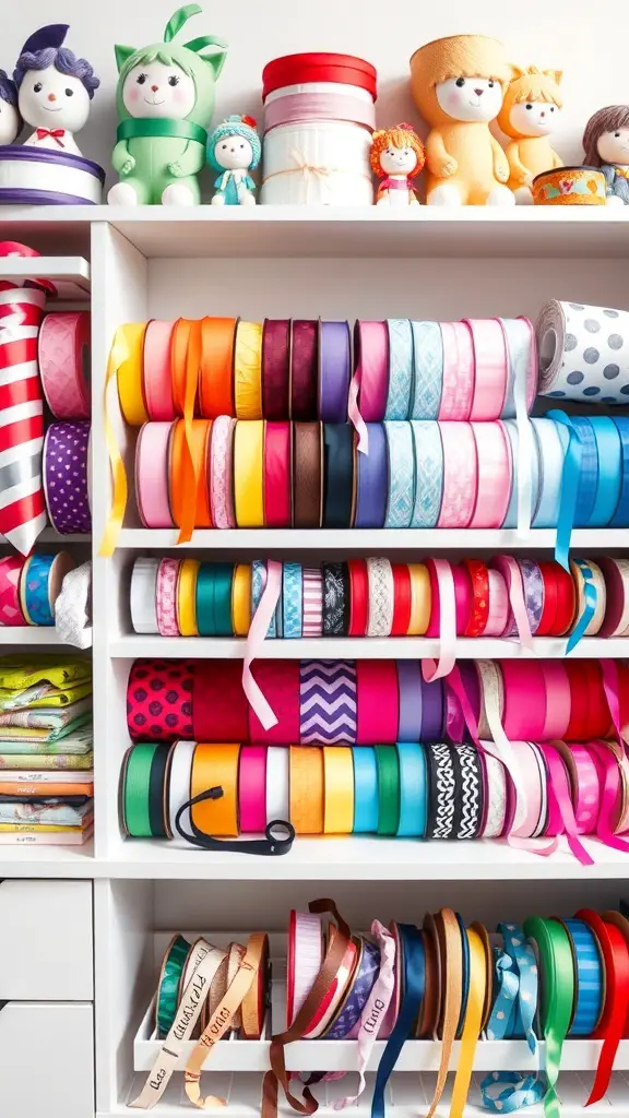 Color-coded ribbons organized on shelves with decorative figures on top.