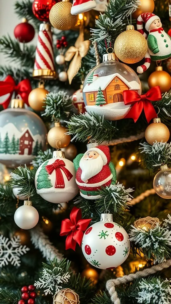 A beautifully decorated Christmas tree with various seasonal theme ornaments including Santa, snowflakes, and colorful baubles.