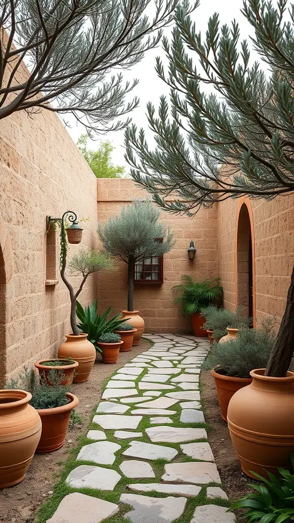 A Mediterranean garden with a stone path, terracotta pots, and lush greenery.