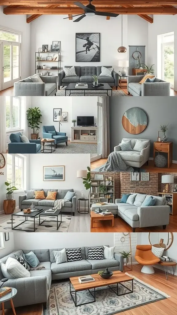 A collage of living rooms featuring grey couches in various styles and settings.