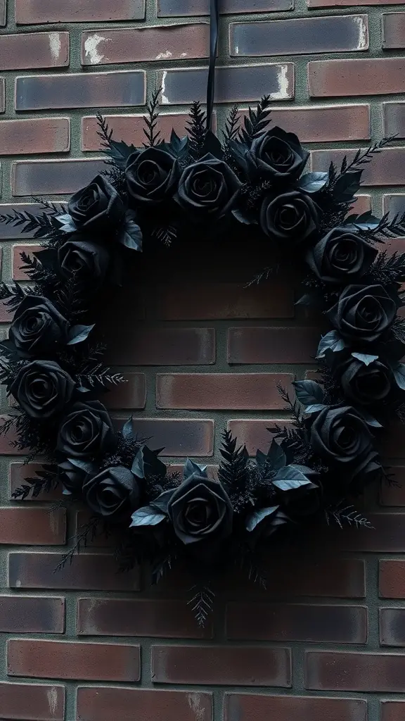 27+ Spooktacular Halloween Wreath Ideas to Enhance Your Decor 6 A gothic black rose wreath with dark leaves, hanging on a brick wall.