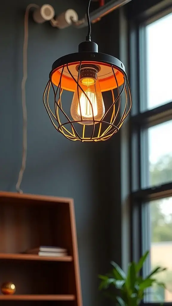 19+ Inspiring Sports Room Decor Ideas to Elevate Your Space 13 A modern industrial lighting fixture with a wire cage design, illuminating a cozy space.